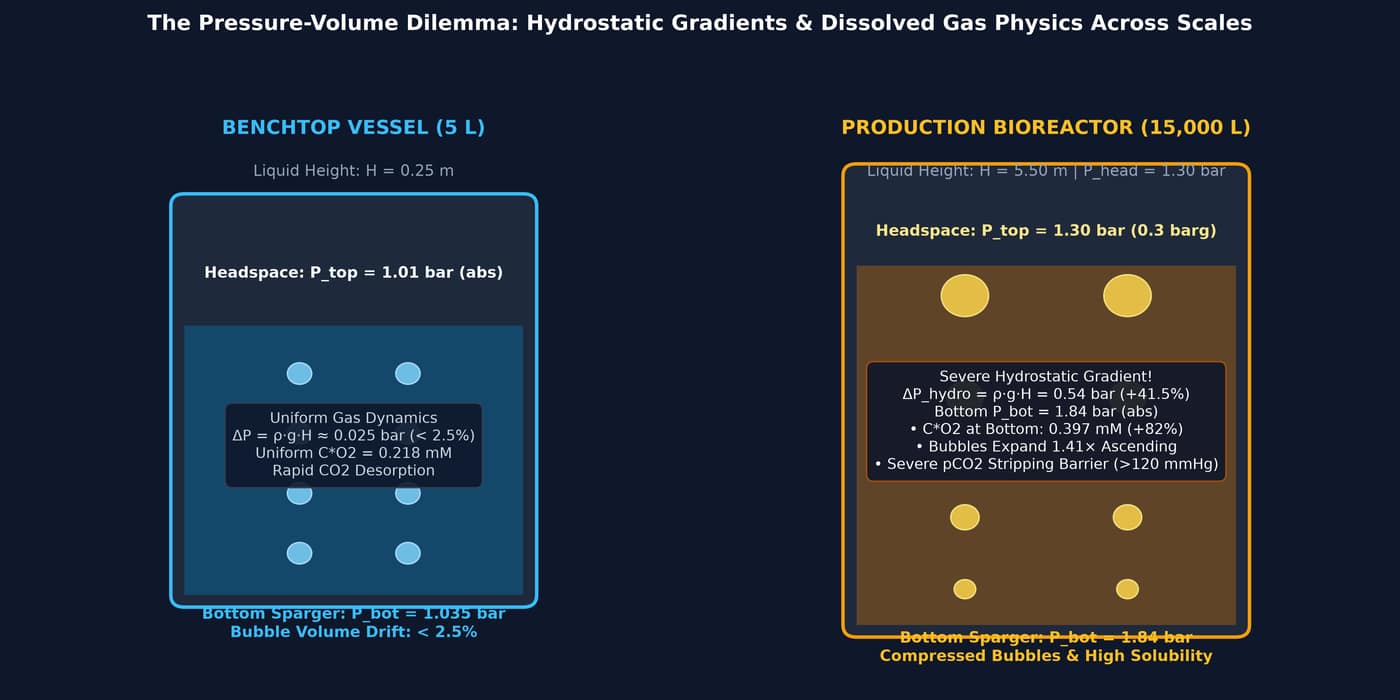 Bioreactor hydrostatic pressure volume gradient bubble expansion and dissolved gas solubility schematic