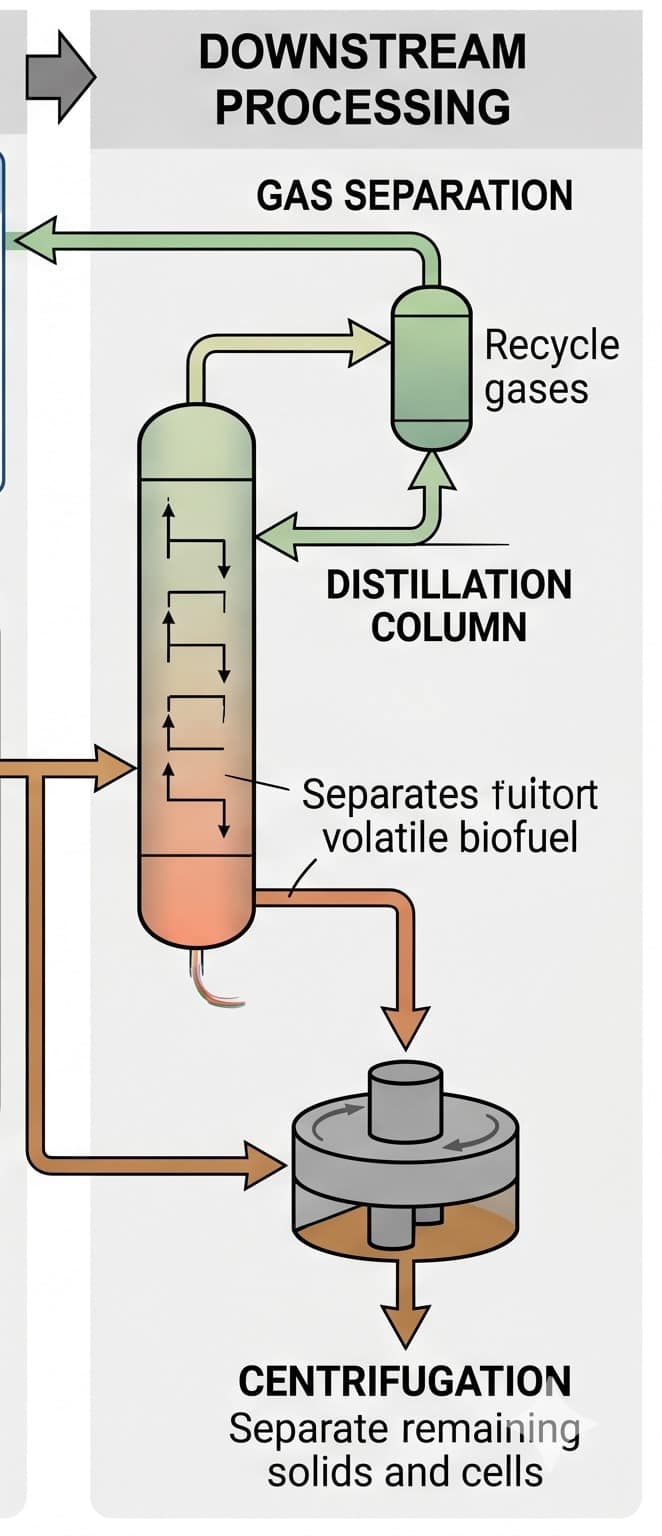 Downstream processing distillation column centrifugation and gas recycle loop