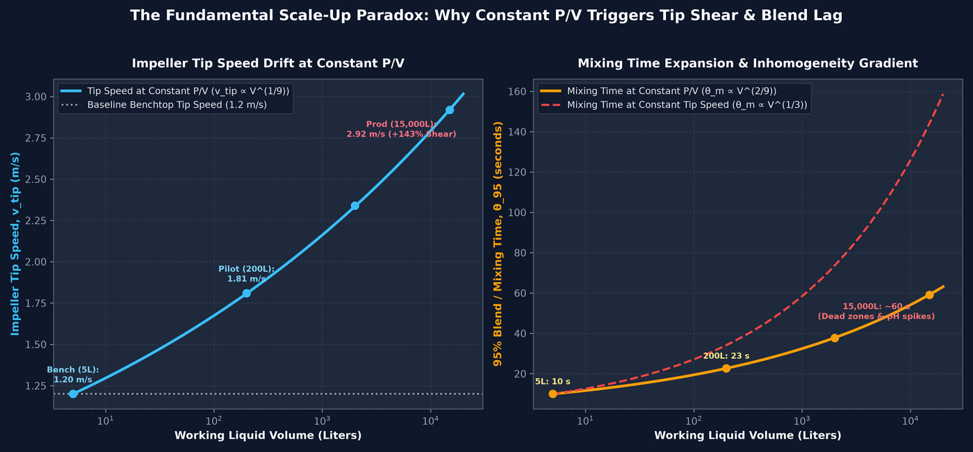 Power to volume scaling tip speed and mixing time drift curves